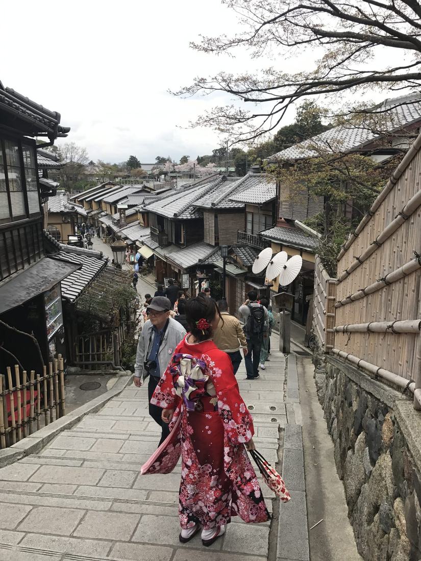 A person in a red kimono, seen from behind, walking down stone steps through a lane of traditional wooden houses